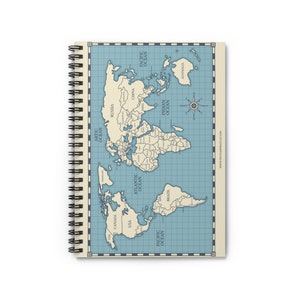 Handgetekende Vintage Wereldkaart Blauw Geel Spiraal Notebook - Geregeerde Lijn, Boodschappenlijstje, School notities of Gedichten