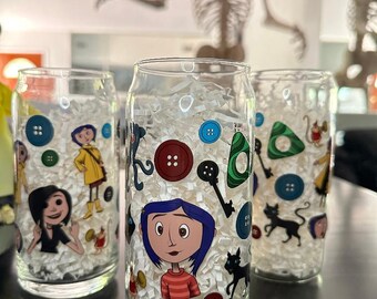 Coraline Glass Cup, Halloween Glass Cup, Glass Beer Can Cup, Spooky Season Glass Cup, 20 oz glass cup