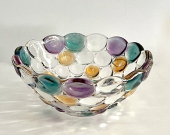 Vintage Trinket Bowl Coloured Bubble Glass Japan Purple Green Gold 15cm Wide. Farmhouse Country Shabby Cottage Kitchen Table Retro Bowl