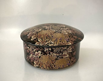 Vintage Trinket Box Dragonfly Floral Black Gold Shibata Japan Ceramic 9cm. Chinoiserie Farmhouse Country Cottage Shabby Vanity Decor Black