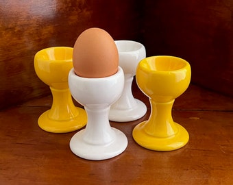 4 Vintage Egg Cups Pedestal White Yellow Japan Ceramic 9cm. Farmhouse Country Cottage Kitchen Footed Egg Cup Retro Breakfast Gift Easter Cup
