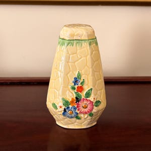 May include: A vintage ceramic salt shaker with a light yellow, textured exterior and a green rim. The shaker features a floral design with blue, pink, and orange flowers. The salt shaker is a decorative kitchen item.