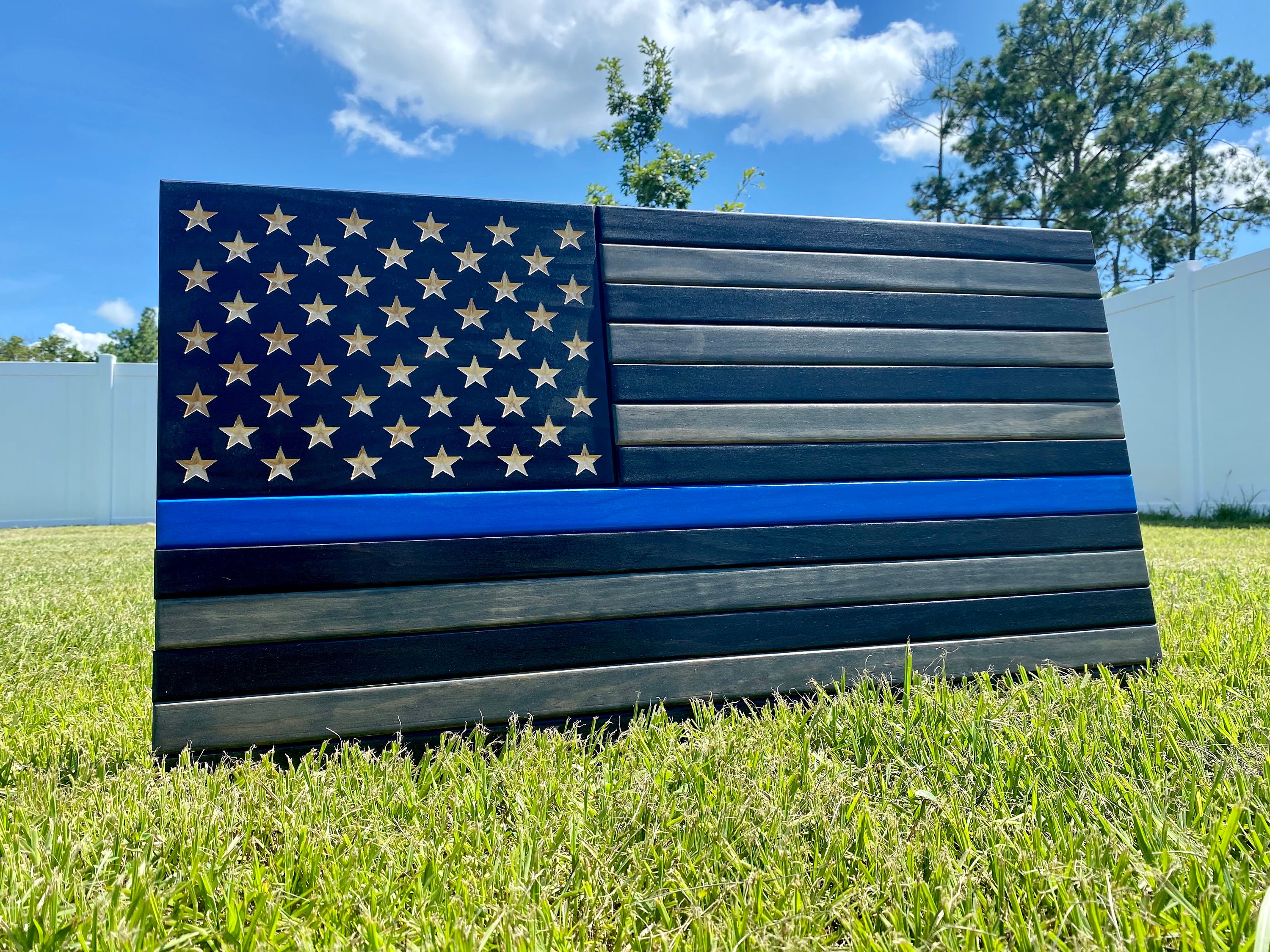 Custom Wood Carved US Flag Thin Blue Line Flag Wooden US Etsy