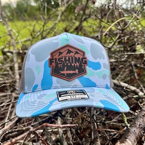 Rather Be Fishing Hat | Dad Snapback Hat | Tooled Leather Patch | Fisherman Gift | Mens Fishing Hat | Patch Trucker Hat | Fly Fishing Hat