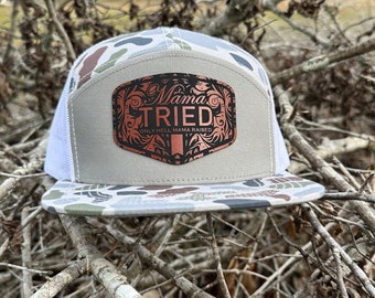 Mama Tried Hat | Flat Bill Trucker Hat | Duck Camo Hat | Mother's Day Gift | Mom Snapback Hat | Tooled Leather Hat | Mom Hunting Hat