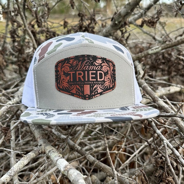 Mama Tried Hat | Flat Bill Trucker Hat | Duck Camo Hat | Mother's Day Gift | Mom Snapback Hat | Tooled Leather Hat | Mom Hunting Hat