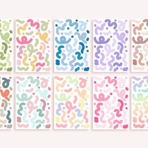 May include: Set of 10 digital printable cards with abstract patterns in various pastel colors. Each card features a unique design with a combination of wavy lines and dots.