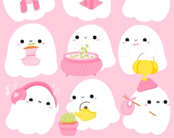 Cute Kawaii Printable cozy pink ghosts clipart / commercial use/ PNG