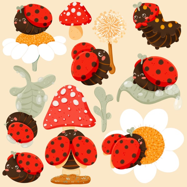 Cute Kawaii Printable cozy chonky ladybug mushroom clipart set / commercial use/ PNG