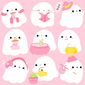 Lindo Kawaii imprimible acogedor fantasmas rosados clipart / uso comercial / PNG