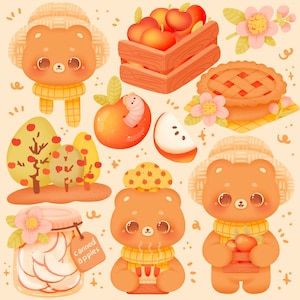 Cute kawaii Printable autumn bear apple picking clipart / commercial use/ PNG