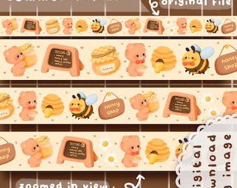 May include: A digital illustration of a honey shop themed washi tape design. The tape features a repeating pattern of honey jars, honeycombs, bees, and bears. The text "Honey Shop" is also included on the tape.
