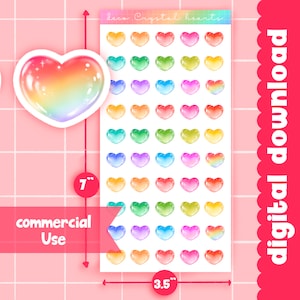 May include: A sheet of colorful heart stickers, each with a gradient effect, ranging from yellow to red, green, blue, and purple. The sheet is 3.5 inches wide and 7 inches tall. Text on the sheet reads "deco Crystal hearts" and "digital download".