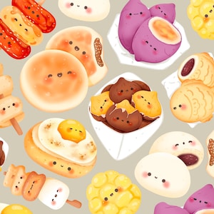 Lindos bocadillos de comida callejera de invierno coreana kawaii para imprimir, clipart / uso comercial / PNG