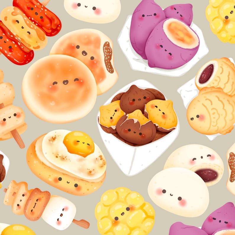 May include: A colorful illustration of various Korean street food items, including tteokbokki, kimbap, and fish cakes. Each food item has a cute cartoon face and is drawn in a whimsical style.