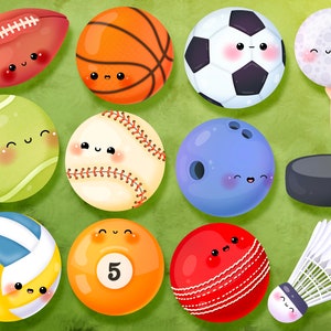 Cute kawaii  Printable sports balls clipart / commercial use/ PNG