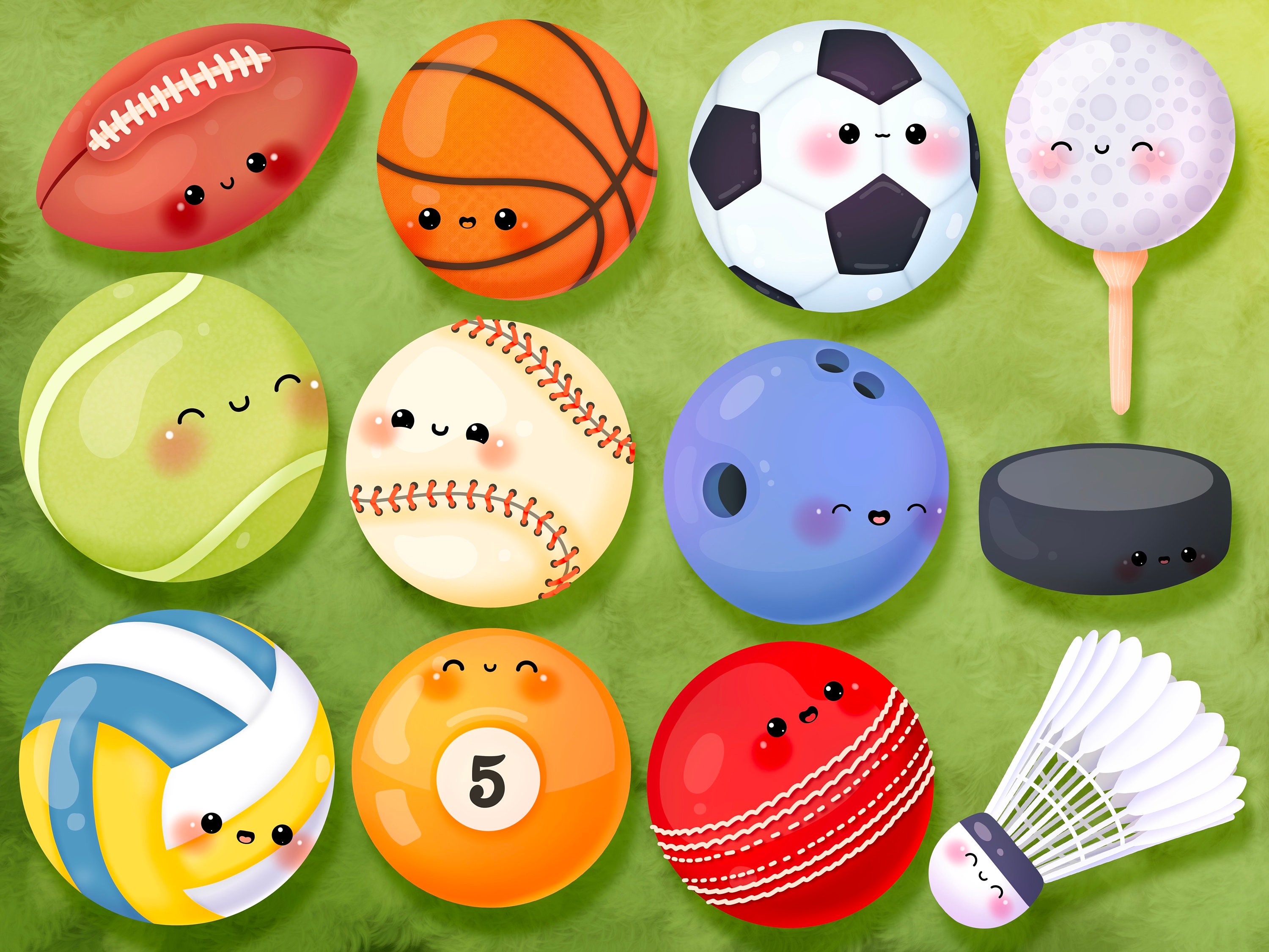 Cute Kawaii Printable Sports Balls Clipart / Commercial Use/ PNG 