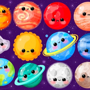 Lindo Kawaii Sistema solar imprimible clipart / uso comercial / PNG