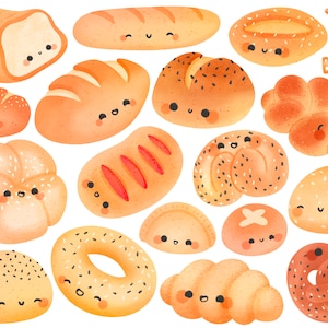 Set di clipart di pane chibi stampabile Kawaii carino / uso commerciale / PNG