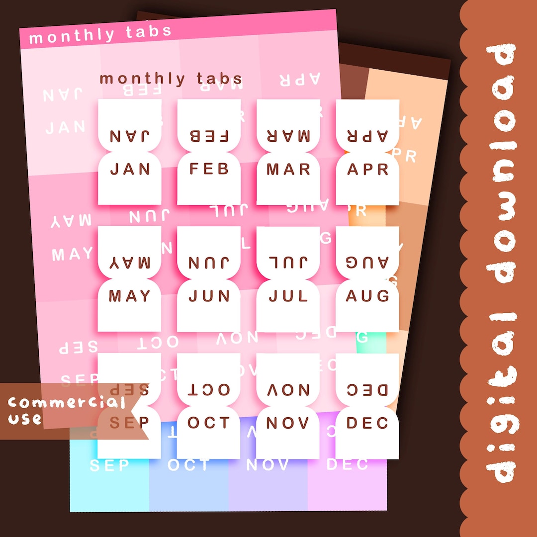 Cute Kawaii Printable Monthly Tabs Sticker Sheet / Commercial Use/ PNG ...