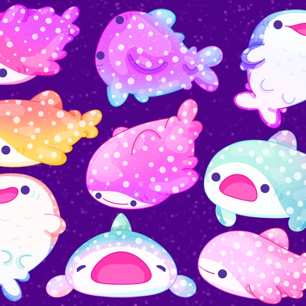 Cute Kawaii Printable galaxy whale sharks clipart / commercial use/ PNG