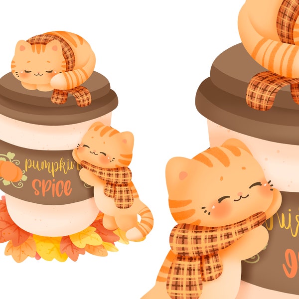 Cute Kawaii Printable fall pumpkin spice cats clipart / commercial use/ PNG '