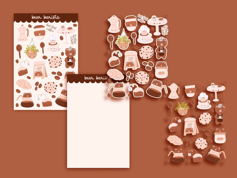 May include: A set of brown and beige stickers featuring a bear barista theme. The stickers include coffee cups, coffee beans, pastries, and a bear wearing a barista apron. The text "bear barista" is featured on the stickers.