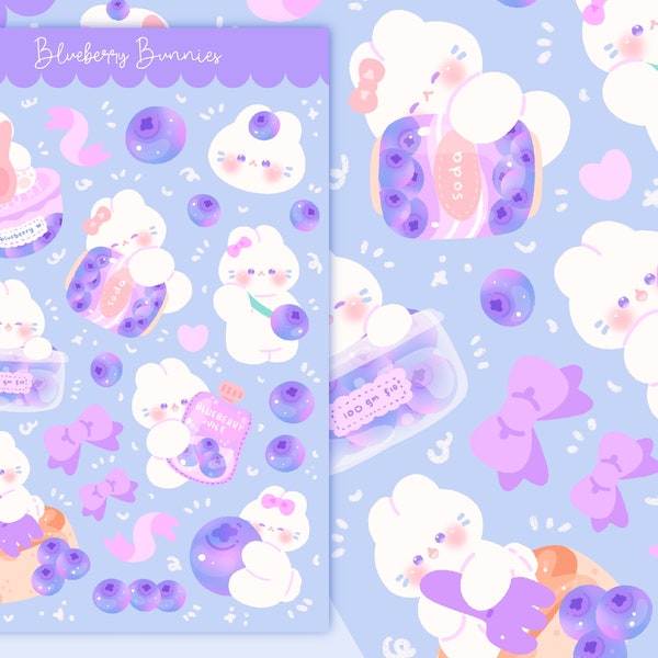 Cute Printable sticker sheet blueberry bunny sticker sheet / commercial use/ PNG