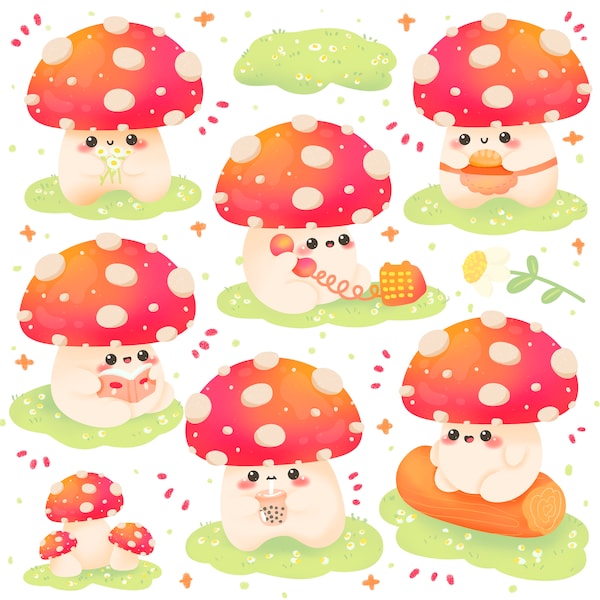 Cute Kawaii Printable red mushroom clipart set / commercial use/ PNG