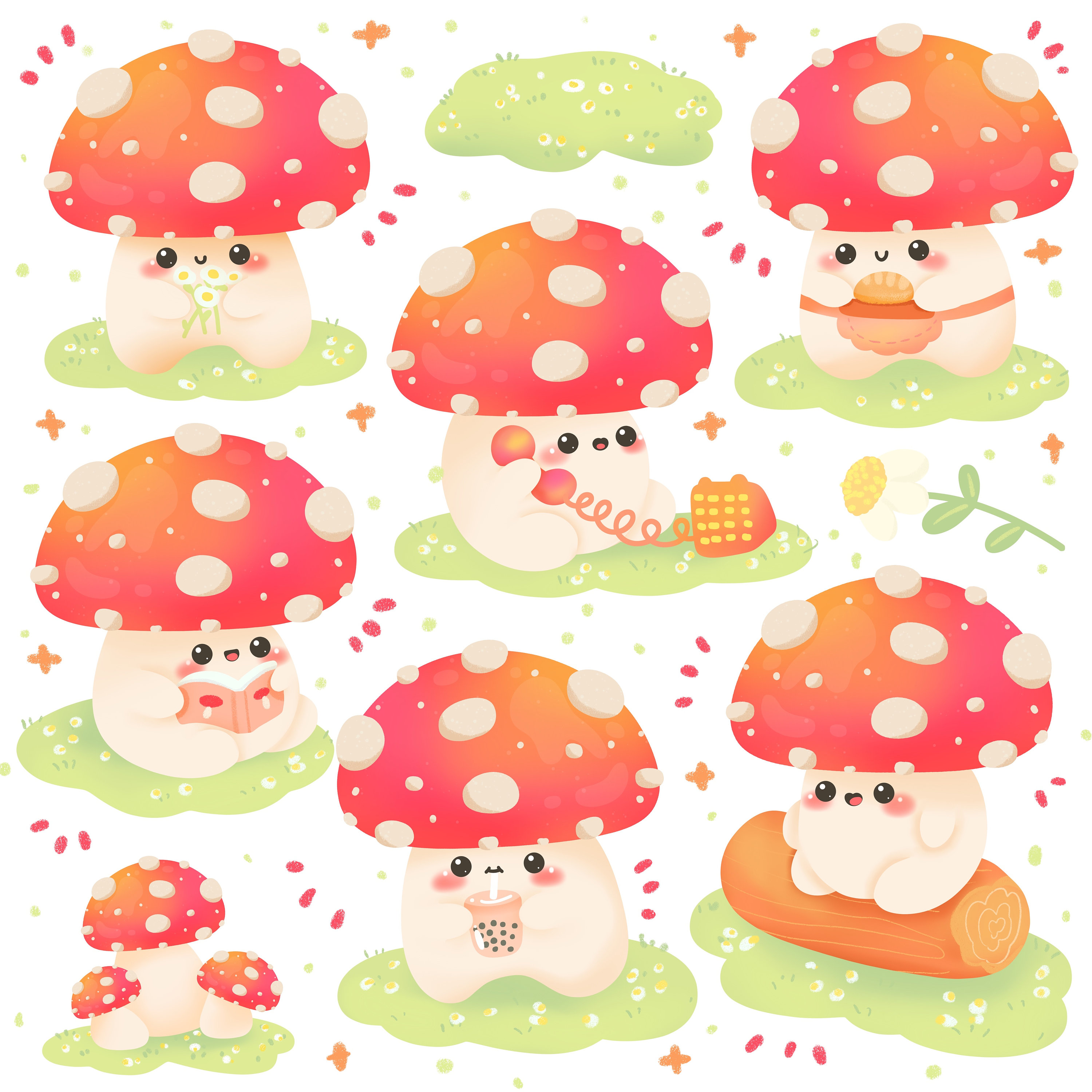 Cute Kawaii Printable Red Mushroom Clipart Set / Commercial Etsy