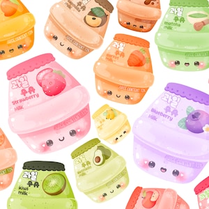 Cute kawaii Printable Korean fruit milks clipart / commercial use/ PNG