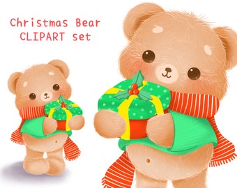 Cute Kawaii Printable Christmas Teddy bear clipart / commercial use/ Transparent PNG