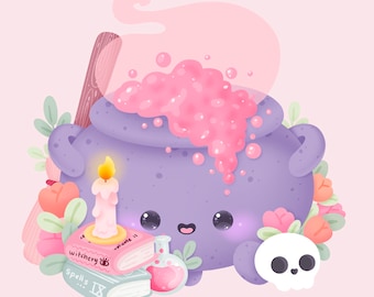 Cute kawaii Printable witch pastel couldron clipart / commercial use/ PNG