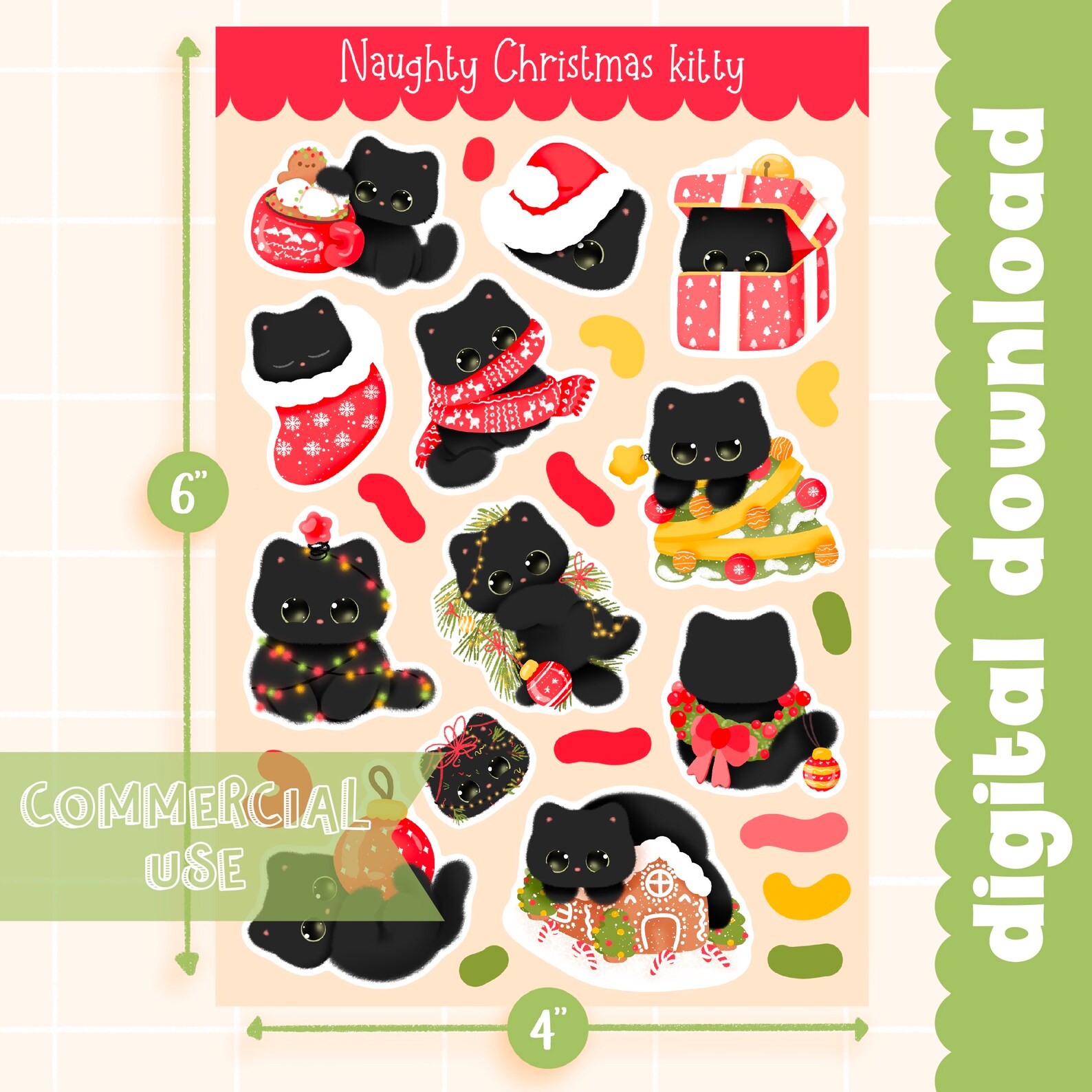 Cute Printable Sticker Sheet Christmas Naughty Kitty Pancakes Sticker ...