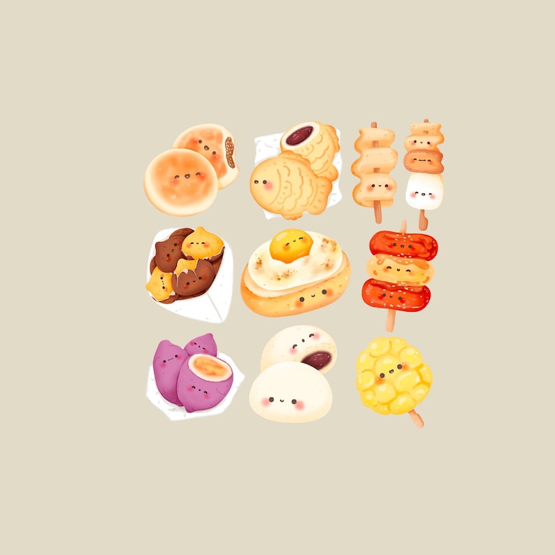 May include: A collection of cute cartoon food items, including a variety of Korean street food, such as tteokbokki, kimbap, and fish cakes. The food items are all smiling and have big eyes.