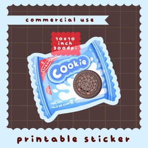 May include: A blue and white cookie package sticker with the word "Cookie" in a playful font. The sticker includes the text "commercial use", "10x10 inch 300dpi", "net wt. 405 g", and "printable sticker". The cookie has a smiling face.