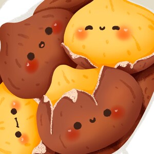 May include: A group of four cartoon chestnuts with brown shells and yellow insides. Each chestnut has a cute face with eyes, a mouth, and rosy cheeks.