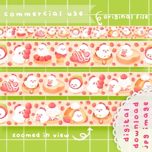 May include: A digital download of a repeating pattern featuring cute cartoon chickens with various desserts and strawberries on a pink and white background. The text "commercial use" and "original file" is visible at the top of the image. The text "zoomed in view" is visible at the bottom of the image. The text "digital download jpg image" is visible in a circle at the bottom right of the image.