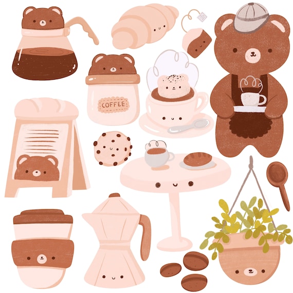 Lindo Kawaii imprimible oso café comida clipart uso comercial PNG