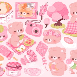 Druckbare kawaii Sakura Kirschblüte Bär Picknick Clipart / kommerzielle Nutzung / PNG
