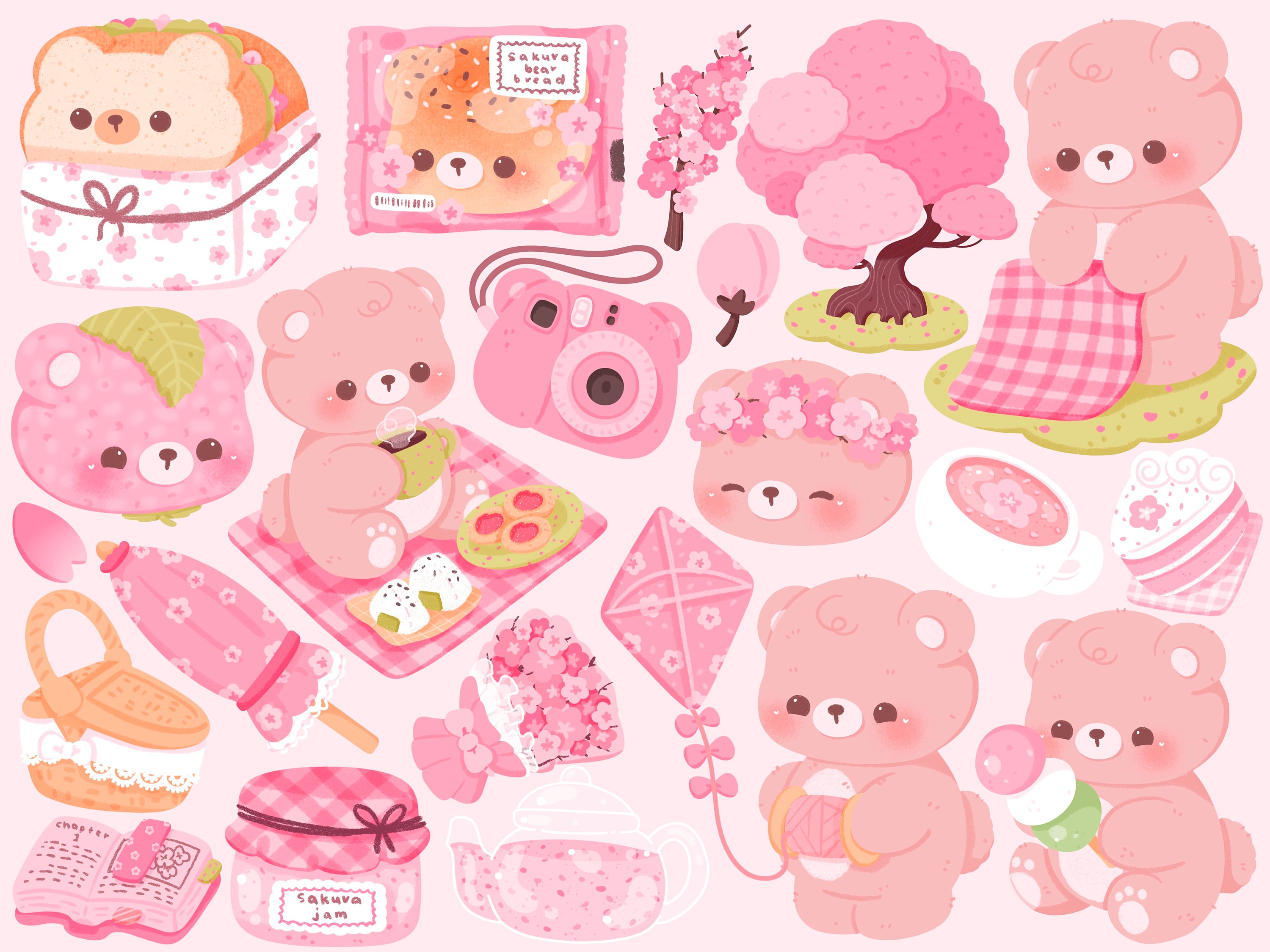 Printable Kawaii Sakura Cherry Blossom Bear Picnic Clipart