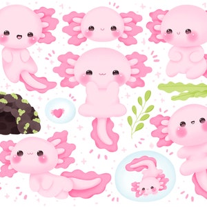 Lindo Kawaii Juego de imágenes prediseñadas de axolotl imprimible / uso comercial / PNG