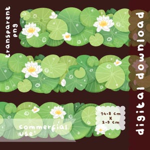 Könnte beinhalten: Digitaler Download eines dekorativen Randes mit grünen Seerosenblättern und weißen Seerosen mit gelben Zentren. Der Rand misst 14,8 cm x 2,5 cm. Der Text enthält "transparent png", "commercial use" und "digital download".