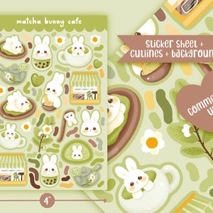 Könnte beinhalten: Eine Sticker-Tabelle mit verschiedenen niedlichen Hasenillustrationen zum Thema Matcha-Grüntee. Die Tabelle enthält Hasen in Teetassen, die Teekannen halten und Matcha-Desserts genießen. Der Text "matcha bunny cafe" befindet sich oben auf der Tabelle. Die Tabelle ist 10 cm x 15 cm groß.