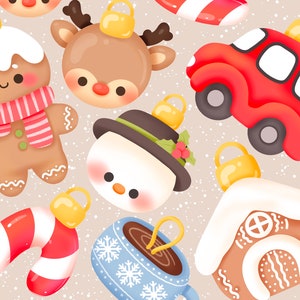 May include: A collection of Christmas ornaments featuring a gingerbread man, a snowman, a reindeer, a candy cane, a red car, a gingerbread house, and a blue mug with snowflakes.