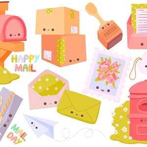 Uroczy zestaw clipartów do druku Kawaii Mail Day / do użytku komercyjnego / PNG