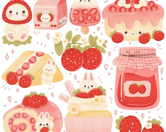 Cute kawaii Printable dessert strawberry bunny food clipart / commercial use/ PNG