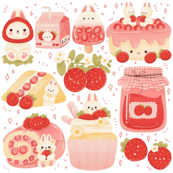 Cute Kawaii Printable Dessert Strawberry Bunny Food Clipart / - Etsy