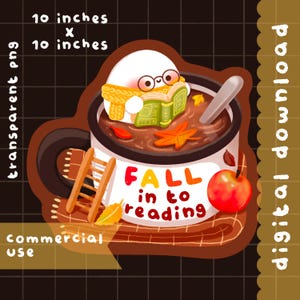 Peut inclure: Autocollant numérique avec un personnage de dessin animé dans une tasse avec le texte "FALL in to reading". L'autocollant mesure 25,4 cm sur 25,4 cm et comprend une échelle, une pomme et des feuilles d'automne.