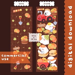 May include: A digital download of a printable sticker sheet featuring a fall theme with pumpkins, ghosts, and a red tractor. The sheet is 6 inches by 18 inches and includes the text "Pumpkin Patch".